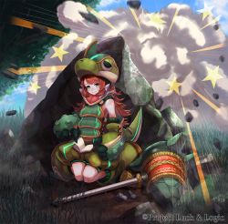 Rule 34 | 10s, 1girl, animal hat, ashley bradbury, bad id, bad pixiv id, blue sky, boulder, brown hair, copyright name, day, fight cloud, grass, green eyes, hammer, hat, kneeling, kt. (kaisou-notagui), long hair, luck &amp; logic, official art, outdoors, rock, sky, smile, solo, star (symbol), tail, tree