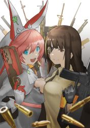 Rule 34 | blue eyes, breasts, brown hair, bullet, cleavage, clover, crossover, dress, elphelt valentine, eyepatch, flasso, four-leaf clover, girls&#039; frontline, gloves, guilty gear, guilty gear xrd, gun, highres, large breasts, long hair, looking at viewer, m16, m16a1, m16a1 (girls&#039; frontline), multiple girls, open mouth, pink hair, short hair, smile, spikes, weapon, wedding dress