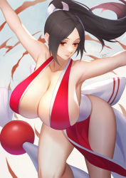 Rule 34 | 1girl, absurdres, armpits, arms up, black hair, blush, breasts, cleavage, closed mouth, fatal fury, highres, huge breasts, long hair, looking away, mato kuroi, parted bangs, ponytail, red eyes, shiranui mai, signature, simple background, solo, standing, thighs