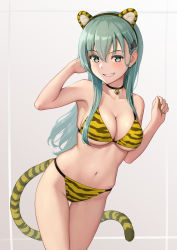 Rule 34 | 1girl, alternate costume, animal ears, animal print, aqua eyes, aqua hair, bell, bikini, black choker, blush, breasts, choker, cleavage, commentary request, fake animal ears, grey background, grin, hair between eyes, hair ornament, hairclip, hand in own hair, highres, kantai collection, large breasts, long hair, looking at viewer, neck bell, porupurucha, simple background, smile, solo, suzuya (kancolle), swimsuit, tail, tiger ears, tiger print, tiger tail, white background