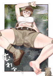 Rule 34 | arm up, belt, blouse, blush, boots, breasts, brown belt, brown eyes, brown hair, brown shorts, commentary request, covered erect nipples, crooked eyewear, cropped jacket, feet, fio germi, full body, glasses, highres, jacket, kikimifukuri, knee pads, large breasts, looking at viewer, lying, metal slug, midriff, navel, nose blush, open clothes, open jacket, parted lips, round eyewear, shirt, shoes, short shorts, shorts, single shoe, unworn socks, soles, spread legs, sweat, sweatband, thighs, translation request, white background, white shirt