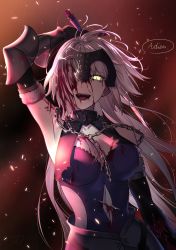 Rule 34 | 1girl, :d, absurdres, arm up, armpits, bare shoulders, black dress, blood, blood in hair, blood on face, bloody weapon, breasts, chain, cleavage, clothing cutout, commentary request, dress, fate/grand order, fate (series), french text, gauntlets, hair over one eye, headpiece, highres, holding, holding sword, holding weapon, jeanne d&#039;arc (fate), jeanne d&#039;arc alter (avenger) (fate), jeanne d&#039;arc alter (avenger) (third ascension) (fate), jeanne d&#039;arc alter (fate), lace, lace-trimmed dress, lace trim, long hair, looking at viewer, medium breasts, navel cutout, nipi27, open mouth, red background, silver hair, sleeveless, sleeveless dress, smile, solo, speech bubble, sword, teeth, torn clothes, torn dress, upper body, very long hair, weapon, yellow eyes