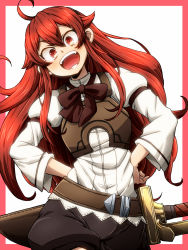 Rule 34 | 1girl, ahoge, aono3, blush, eris greyrat, hands on own hips, highres, long hair, long sleeves, looking at viewer, mushoku tensei, open mouth, red eyes, red hair, smile, solo, teeth