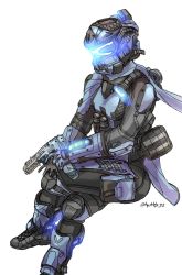 Rule 34 | 1girl, alternator, animification, assault visor, black footwear, black gloves, blue gloves, blue headwear, blue scarf, commentary, english commentary, gloves, glowing, grapple pilot (titanfall 2), gun, helmet, highres, holding, holding gun, holding weapon, invisible chair, kotone a, pilot (titanfall 2), pouch, scarf, science fiction, shin guards, shoes, simple background, sitting, sneakers, solo, submachine gun, titanfall (series), titanfall 2, two-tone gloves, weapon, white background