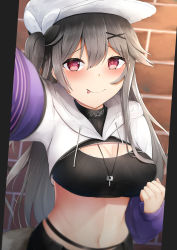 Rule 34 | 1girl, arm up, azur lane, blush, breasts, cleavage, commentary request, cowboy shot, grey hair, hair between eyes, hat, highres, jewelry, key, key necklace, large breasts, looking at viewer, midriff, navel, necklace, nori aji, pamiat merkuria (azur lane), pamiat merkuria (chic and cheeky) (azur lane), red eyes, selfie, sidelocks, smile, solo, standing, white hat