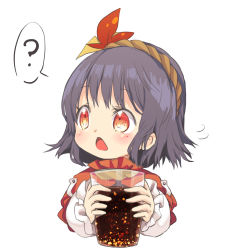 Rule 34 | 1girl, 1koma, ?, absurdres, aged down, autumn leaves, child, comic, commentary request, cup, drink, drinking glass, hair ornament, hands up, highres, holding, holding cup, layered sleeves, leaf hair ornament, long sleeves, looking to the side, medium hair, open mouth, purple hair, red eyes, short over long sleeves, short sleeves, sidelocks, simple background, soda, solo, spoken question mark, tatuhiro, touhou, upper body, white background, yasaka kanako