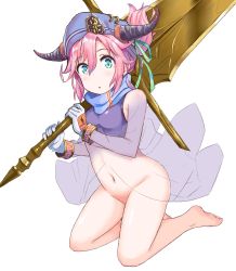 Rule 34 | 1girl, :o, bare shoulders, barefoot, blue hat, blush, bottomless, breasts, curled horns, gloves, green eyes, green ribbon, groin, hair between eyes, hat, highres, holding, holding sword, holding weapon, horns, huge weapon, kneeling, navel, original, parted lips, pebblejang, pink hair, purple shirt, ribbon, see-through, shirt, simple background, sleeveless, sleeveless shirt, small breasts, solo, sword, weapon, white background, white gloves