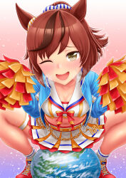 Rule 34 | 1girl, animal ears, aonuma kiyoharu, ball, blue jacket, blush, breasts, brown eyes, commentary request, cropped jacket, cropped shirt, ear ornament, exercise ball, highres, holding, holding pom poms, horse ears, horse girl, jacket, long sleeves, medium breasts, medium hair, midriff, multicolored hair, navel, nice nature (run&amp;win) (umamusume), nice nature (umamusume), official alternate costume, official alternate hairstyle, one eye closed, open clothes, open jacket, open mouth, pleated skirt, pom pom (cheerleading), pom poms, ponytail, red footwear, red hair, shirt, skirt, smile, socks, solo, squatting, streaked hair, sweat, umamusume, white shirt, white socks