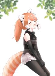Rule 34 | 1girl, absurdres, animal ears, black hair, brown hair, elbow gloves, extra ears, gloves, highres, kemono friends, kuromitsu (9633 kmfr), long hair, multicolored hair, outdoors, pantyhose, ponytail, red panda (kemono friends), red panda ears, red panda girl, red panda tail, shorts, simple background, sleeveless, solo, sweater, tail, white hair