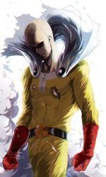 Rule 34 | 1boy, bald, belt, belt buckle, buckle, cape, cowboy shot, gloves, highres, kkuwa, male focus, no eyes, one-punch man, red gloves, saitama (one-punch man), shaded face, smoke, solo, superhero costume, torn cape, torn clothes, walking, white background, white cape