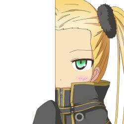 Rule 34 | 10s, 1girl, aoki hagane no arpeggio, blonde hair, blush, coat, embarrassed, green eyes, haruna (aoki hagane no arpeggio), hiding, long hair, nagineko, peeking out, personification, solo, transparent background, twintails