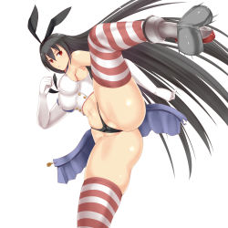 Rule 34 | 1girl, ass, bare arms, bare hips, bare shoulders, barrel, black hair, breasts, cosplay, drum, drum (container), g-string, instrument, kantai collection, kicking, large breasts, long hair, nagato (kancolle), navel, panties, partially visible vulva, red eyes, rokushiru (muzai-p), shimakaze (kancolle), shimakaze (kancolle) (cosplay), simple background, skirt, solo, striped clothes, striped thighhighs, thighhighs, thong, underwear, unworn skirt, very long hair, wardrobe malfunction, white background
