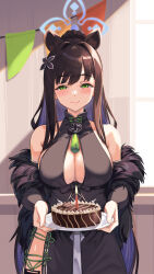 Rule 34 | 1girl, animal ear fluff, animal ears, birthday cake, black dress, blue archive, blunt bangs, blurry, breasts, brown hair, cake, china dress, chinese clothes, cleavage, cleavage cutout, clothing cutout, commentary request, depth of field, detached sleeves, dress, food, fur shawl, green eyes, hair between eyes, halo, highres, holding, holding plate, indoors, jamgom, large breasts, long hair, long sleeves, looking at viewer, plate, ponytail, shawl, shun (blue archive), sidelocks, smile, solo, tiger ears, tiger girl, window