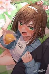 Rule 34 | 1boy, 1girl, :d, arrow (symbol), barefoot, black jacket, black shorts, blanket, blue jacket, blurry, blurry background, blush, brown hair, clothes writing, commentary request, cup, denim, denim jacket, depth of field, disposable cup, drink, fang, flower, green eyes, haru (kuzuyu), highres, holding, holding cup, jacket, komori kuzuyu, locked arms, long sleeves, looking at viewer, open clothes, open jacket, open mouth, original, pink flower, plaid, puffy long sleeves, puffy sleeves, red footwear, romaji text, shirt, shoes, unworn shoes, short shorts, shorts, sleeves past wrists, smile, solo focus, translation request, white shirt