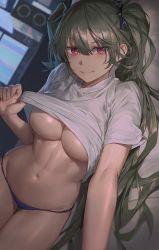 Rule 34 | 1girl, blue panties, blush, breasts, closed mouth, commentary, english commentary, free style (yohan1754), grey hair, hair ornament, highres, indoors, large breasts, long hair, looking at viewer, lying, monitor, navel, no bra, on side, original, panties, pink eyes, red eyes, shirt, short sleeves, smile, solo, stomach, thighs, twintails, underboob, underwear, very long hair, white shirt