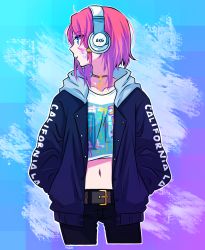 Rule 34 | 1girl, artist name, bad id, bad tumblr id, belt, black pants, blue sweater, cardigan, collarbone, cowboy shot, crop top, cropped legs, hair ornament, hands in pockets, headphones, jewelry, long hair, looking to the side, mao (expuella), midriff, navel, necklace, open cardigan, open clothes, paint splatter, paint splatter on face, pants, red hair, rose (tales), shirt, solo, standing, stomach, sweater, tales of (series), tales of zestiria