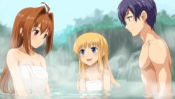 Rule 34 | 1boy, 2girls, ahoge, black hair, blonde hair, blue eyes, blush, breasts, brown eyes, brown hair, cleavage, eiyuu densetsu, estelle bright, falcom, flat chest, game cg, joshua bright, long hair, looking at another, medium breasts, mixed-sex bathing, multiple girls, naked towel, official art, onsen, open mouth, partially submerged, profile, red eyes, shared bathing, short hair, smile, sora no kiseki, steam, straight hair, tita russell, towel