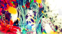 Rule 34 | 1girl, akiakane, aqua eyes, aqua hair, aqua nails, battery, blurry, bow, bowtie, character name, depth of field, flower, frills, hatsune miku, holding, lens flare, long hair, nail polish, open mouth, pale skin, petals, revision, smile, solo, sunflower, tears, twintails, vocaloid