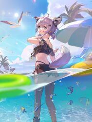 Rule 34 | absurdres, ahoge, animal ear fluff, animal ears, arknights, arm up, ass, back, ball, bare shoulders, beachball, bikini, bird, black bikini, blue eyes, blue sky, clothing cutout, day, extra ears, feet out of frame, fish, fox ears, fox girl, fox tail, from behind, hair ornament, hairclip, headphones, highres, innertube, lens flare, looking at viewer, looking back, official alternate costume, outdoors, palm tree, parted lips, purple hair, seagull, see-through, short hair, sky, sun, sussurro (arknights), sussurro (summer flower) (arknights), swim ring, swimsuit, tail, tail through clothes, tree, tropical fish, wading, water, zheshe jing