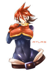 Rule 34 | 1girl, abs, arm behind back, atlas (mega man), belt, bodystocking, bodysuit, breasts, brown hair, capcom, character name, covered erect nipples, haganef, hair between eyes, hand on own chest, highres, huge breasts, inti creates, large breasts, mega man (series), mega man zx, mega man zx advent, midriff, multicolored hair, navel, orange hair, red eyes, short hair, sidelocks, simple background, skin tight, solo, spiked hair, tight clothes, two-tone hair, white background, wide hips
