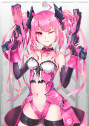 Rule 34 | 1girl, breasts, clothing cutout, dual wielding, grace (sound voltex), gun, handgun, highres, holding, holding gun, holding weapon, kie (yospcd), looking at viewer, navel, one eye closed, pink hair, pistol, small breasts, solo, sound voltex, stomach cutout, tongue, tongue out, twintails, weapon