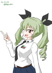 Rule 34 | 1girl, absurdres, anchovy (girls und panzer), anzio school uniform, belt, black belt, black necktie, black ribbon, black skirt, brown eyes, commentary, dress shirt, drill hair, drops mint, emblem, girls und panzer, green hair, hair ribbon, highres, index finger raised, long hair, long sleeves, looking at viewer, necktie, no cape, open mouth, pleated skirt, ribbon, school uniform, shirt, simple background, skirt, smile, solo, twin drills, twintails, twitter username, upper body, white background, white shirt, wing collar