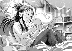 Rule 34 | 1girl, :d, ^ ^, bed, bed frame, bed sheet, blue eyes, book, bookshelf, choppy, closed eyes, commentary request, creature, curtains, cushion, desk lamp, closed eyes, feathers, futari wa precure splash star, greyscale, hair bun, holding, indoors, lamp, long hair, long sleeves, mishou mai, monochrome, nakajima majikana, neck ribbon, on bed, open mouth, pants, pillow, precure, ribbon, shirt, sidelocks, single hair bun, sitting, smile, stereo, striped, whistle, window