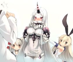 Rule 34 | 10s, 1boy, 3girls, abyssal ship, admiral (kancolle), amatsukaze (kancolle), bad id, bad pixiv id, bare shoulders, blonde hair, blush, breast suppress, breasts, brown eyes, claws, detached sleeves, dress, elbow gloves, gloves, gradient background, hairband, highres, horns, kantai collection, large breasts, long hair, multiple girls, pale skin, personification, red eyes, ribbed dress, school uniform, seaport princess, serafuku, shimakaze (kancolle), short dress, sideboob, single horn, sodeya itsuki, sweater, sweater dress, twintails, two side up, white background, white hair
