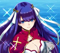 Rule 34 | 1girl, aoba (smartbeat), blue eyes, blunt bangs, breasts, capelet, cleavage, collarbone, day, earrings, fate/grand order, fate (series), hair ribbon, jewelry, large breasts, long hair, looking at viewer, martha (fate), ocean, outdoors, purple hair, red capelet, ribbon, white ribbon