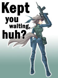 Rule 34 | 1girl, ammunition pouch, ass, assault rifle, blue eyes, braid, brown hair, cosplay, english text, facing away, fox girl, fox tail, frown, gun, holding, holding gun, holding weapon, looking back, metal gear (series), metal gear solid 4: guns of the patriots, original, pouch, rifle, solid snake, solid snake (cosplay), solo, tail, tsukumo kazuita, weapon, weapon request