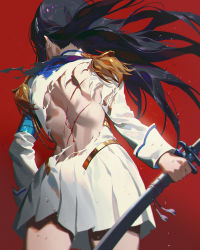 Rule 34 | 1girl, armband, back, back focus, black hair, blood on back, cowboy shot, epaulettes, fajyobore, floating hair, from behind, highres, holding, holding sword, holding weapon, junketsu, kill la kill, kiryuuin satsuki, living clothes, long hair, long sleeves, miniskirt, pleated skirt, red background, scratches, simple background, skirt, solo, standing, sword, thighs, torn clothes, weapon, white skirt