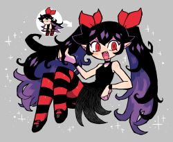 Rule 34 | 1girl, :d, absurdres, black choker, black dress, black hair, blush stickers, bow, choker, colored inner hair, dress, fang, grey background, hair bow, highres, looking at viewer, multicolored hair, multiple views, open mouth, original, pantyhose, purple hair, rariatto (ganguri), red bow, red eyes, red pantyhose, slit pupils, smile, striped clothes, striped pantyhose, twintails, wristband, zakuro (rariatto)