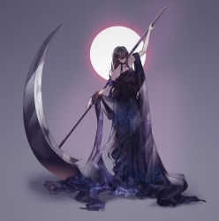 Rule 34 | 1girl, absurdres, aisnow432, armlet, bare shoulders, black dress, black hair, chinese commentary, collarbone, commentary request, dress, evernight goddess, full body, full moon, hidden eyes, highres, holding, holding weapon, long hair, lord of the mysteries, moon, red moon, scythe, smile, solo, weapon