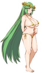 Rule 34 | 1girl, areola slip, arm behind back, awesomeerix, barefoot, bikini, blush, breasts, cleavage, closed mouth, feet, female focus, full body, gold bikini, green eyes, green hair, hand on own hip, highres, kid icarus, kid icarus uprising, large breasts, long hair, looking at viewer, matching hair/eyes, micro bikini, navel, nintendo, palutena, simple background, skindentation, smile, solo, swept bangs, swimsuit, toes, underboob, very long hair, wide hips