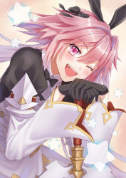Rule 34 | 1boy, astolfo (fate), astolfo (saber) (fate), astolfo (saber) (third ascension) (fate), black bow, black gloves, black ribbon, bow, bowtie, commentary request, fang, fate/grand order, fate (series), gloves, hair between eyes, hair bow, hair intakes, hair ribbon, highres, long hair, long sleeves, looking at viewer, male focus, multicolored hair, one eye closed, pink hair, purple eyes, ribbon, simple background, smile, solo, star (symbol), streaked hair, sumomo7317, sword, trap, twintails, weapon, white hair