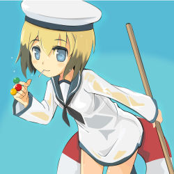 Rule 34 | 1girl, alternate costume, bad id, bad pixiv id, between fingers, blonde hair, blue background, blue eyes, blush, bottomless, broom, brown hair, candy, chameleon man (three), erica hartmann, food, hat, holding, leaning, leaning forward, lollipop, long sleeves, looking at viewer, multicolored hair, neckerchief, sailor, sailor collar, sailor hat, smile, solo, strike witches, two-tone hair, water, wet, wet clothes, world witches series