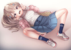 Rule 34 | 1girl, absurdres, blue skirt, blue socks, blush, breasts, brown eyes, brown hair, double v, fang, female focus, flower hair ornament, full body, gradient background, hair ornament, hairclip, hands up, happy, highres, jacket, layered sleeves, long hair, long sleeves, looking at viewer, lying, miniskirt, on back, open clothes, open jacket, open mouth, original, pink jacket, pleated skirt, ribbed sweater, shiny skin, shoes, sidelocks, simple background, skin fang, skirt, small breasts, smile, sneakers, socks, solo, spread legs, sweater, tekin, two-sided fabric, two-sided jacket, v, white footwear, white sweater, zipper