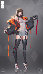 Rule 34 | 1girl, bare shoulders, black jacket, blunt bangs, breasts, brown hair, down jacket, dress, fingerless gloves, full body, garter straps, gloves, grey background, grey eyes, gun, high heels, highres, holding, holding gun, holding weapon, jacket, knight, licking lips, looking at viewer, love cacao, mechanical legs, medium breasts, midriff, nike (company), original, prosthesis, reflection, see-through, shell casing, shorts, sideboob, solo, standing, strap, thighhighs, thighs, tongue, tongue out, weapon, white dress