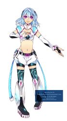 Rule 34 | 1girl, alpha (acerailgun), android, artist name, bad deviantart id, bad id, blue hair, boots, borrowed character, breasts, bridal gauntlets, choker, artistic error, full body, gochi, hand on own chest, headgear, midriff, navel, original, pink eyes, small breasts, smile, solo, standing, thigh boots, thighhighs, transparent background, watermark, web address