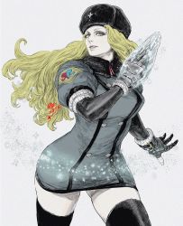Rule 34 | 1girl, black gloves, black hat, black thighhighs, blonde hair, blue eyes, capcom, covered navel, fingerless gloves, fingernails, gloves, grey background, hat, hatching (texture), highres, ice, kolin, long hair, parted lips, partially fingerless gloves, pink lips, puffy sleeves, signature, simple background, skindentation, smile, solo, sparkle, star (symbol), street fighter, thick thighs, thighhighs, thighs, tobita nikiichi