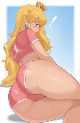 Rule 34 | !, 1girl, absurdres, ass, blonde hair, blue background, blue eyes, blush, border, casual, closed mouth, crop top, crown, earrings, from behind, gradient background, highres, jewelry, lips, long hair, lying, mandytsune, mario (series), midriff, nintendo, on side, pink shirt, pink shorts, princess peach, shirt, short sleeves, shorts, solo, sportswear, super mario bros. 1, white border