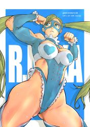 Rule 34 | 1girl, arms up, blonde hair, blue eyes, blue leotard, breasts, capcom, character name, cleavage, closed mouth, clothing cutout, frown, hair pulled back, heart, heart print, highres, large breasts, leotard, long hair, mask, rainbow mika, rocohisaya, shoulder cutout, solo, street fighter, street fighter v, street fighter zero (series), thick thighs, thighs, twintails, wrestling outfit