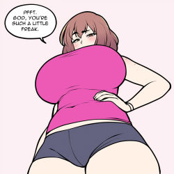 Rule 34 | 1girl, bare shoulders, blush, breasts, brown eyes, brown hair, commentary, covered navel, english commentary, english text, freckles, from below, grey shorts, hand on own hip, huge breasts, jam-orbital, looking down, midriff, original, pink background, short shorts, shorts, solo, thick thighs, thighs, wristband