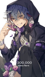 Rule 34 | 1boy, black jacket, black pants, black sweater, flower, fuwa minato, grin, highres, hood, hood up, hooded jacket, jacket, jewelry, kiragera, looking at viewer, male focus, milestone celebration, multicolored hair, necklace, nijisanji, open clothes, open jacket, out of frame, pants, purple eyes, purple hair, red hair, simple background, sitting, smile, solo, streaked hair, sweater, turtleneck, turtleneck sweater, virtual youtuber, white background, white hair