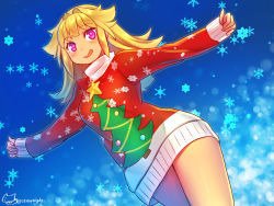 Rule 34 | 1girl, blonde hair, christmas, christmas sweater, christmas tree, commentary request, dress, dutch angle, long hair, long sleeves, looking at viewer, messy hair, mitake eil, open mouth, original, outstretched arms, purple eyes, red dress, signature, smile, snowflakes, snowing, solo, spread arms, standing, star (symbol), sweater, sweater dress, twitter username