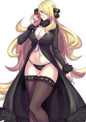 Rule 34 | 1girl, black coat, black panties, blonde hair, breasts, brown thighhighs, clash kuro neko, cleavage, coat, commentary request, creatures (company), cynthia (pokemon), fur-trimmed sleeves, fur collar, fur trim, game freak, grey eyes, hair ornament, hair over one eye, hand up, highres, holding, holding poke ball, large breasts, long hair, navel, nintendo, open mouth, panties, poke ball, poke ball (basic), pokemon, pokemon dppt, solo, stomach, thighhighs, underwear, very long hair, wide hips