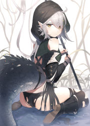 Rule 34 | 1girl, absurdres, ahoge, arknights, ass, black footwear, black panties, black sleeves, black thighhighs, boots, crocodilian tail, detached sleeves, from behind, gloves, green tunic, grey gloves, grey hair, highres, holding, holding staff, hood, hood up, in water, looking at viewer, looking back, panties, partially fingerless gloves, pointy ears, short hair, sitting, solo, staff, tail, takeroku, thighhighs, tomimi (arknights), torn clothes, torn panties, torn thighhighs, underwear, wariza, water, white background, yellow eyes