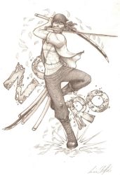 Rule 34 | 1boy, bandana, boots, character name, dual wielding, fighting stance, full body, haramaki, highres, holding, male focus, monochrome, mouth hold, muscular, one piece, roronoa zoro, scar, solo, sword, triple wielding, weapon