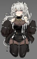 Rule 34 | 1girl, :3, appleseed (appleseed art), bad id, bad pixiv id, black jacket, black thighhighs, breasts, brown pantyhose, cleavage, full body, grey background, grey eyes, grey hair, hair between eyes, highres, hololive, jacket, large breasts, lion tail, long hair, looking at viewer, open clothes, open jacket, pantyhose, see-through, see-through cleavage, shishiro botan, shishiro botan (1st costume), simple background, sleeves past fingers, sleeves past wrists, solo, tail, thighhighs, virtual youtuber