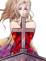 Rule 34 | 1girl, amano yoshitaka design, blonde hair, cape, closed mouth, cross, detached sleeves, dress, earrings, final fantasy, final fantasy vi, hiromyan, jewelry, lips, long hair, ponytail, simple background, solo, tina branford, tombstone, white background